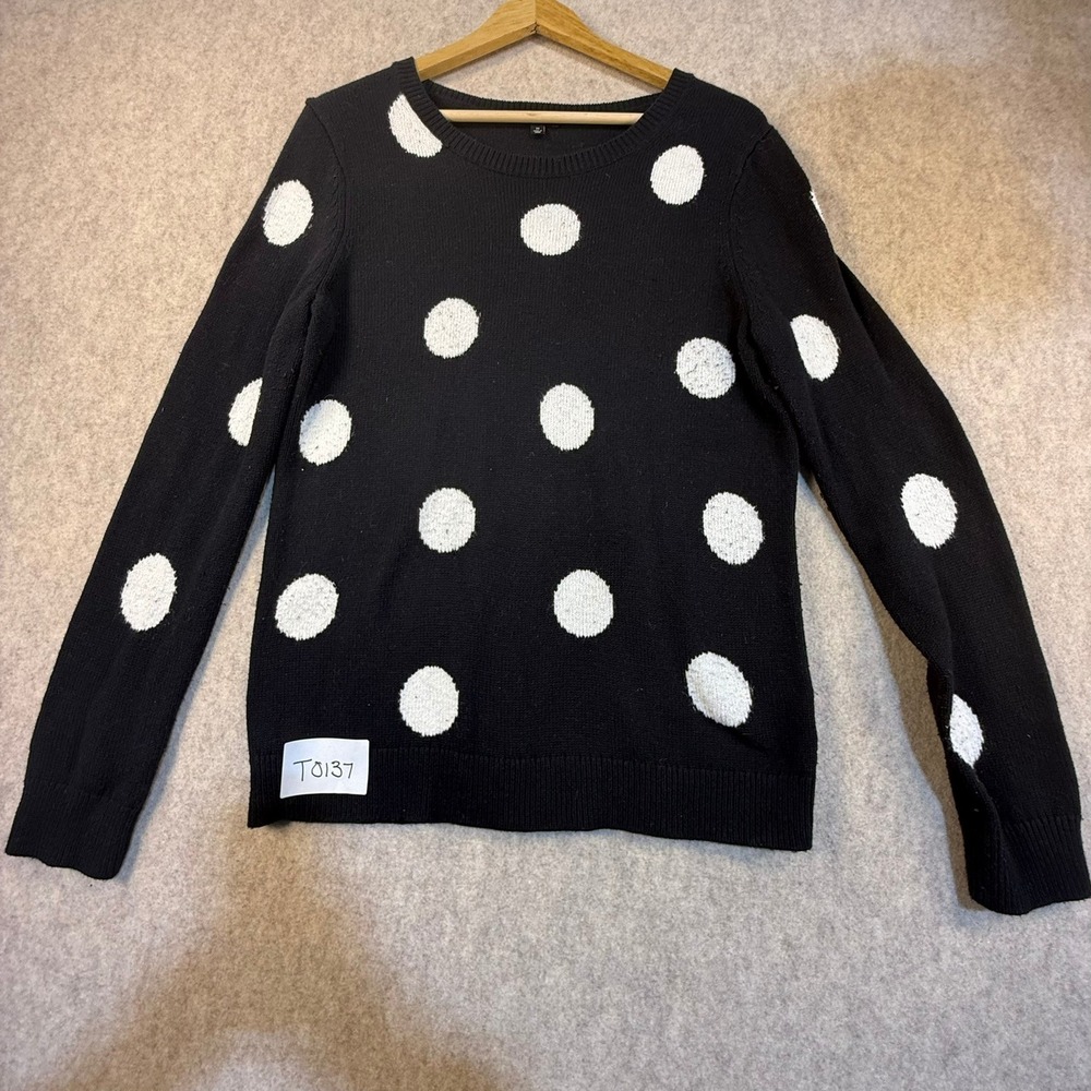 Talbots Womens Polka Dot Crewneck Sweater Black White Long Sleeve Knit Top Med